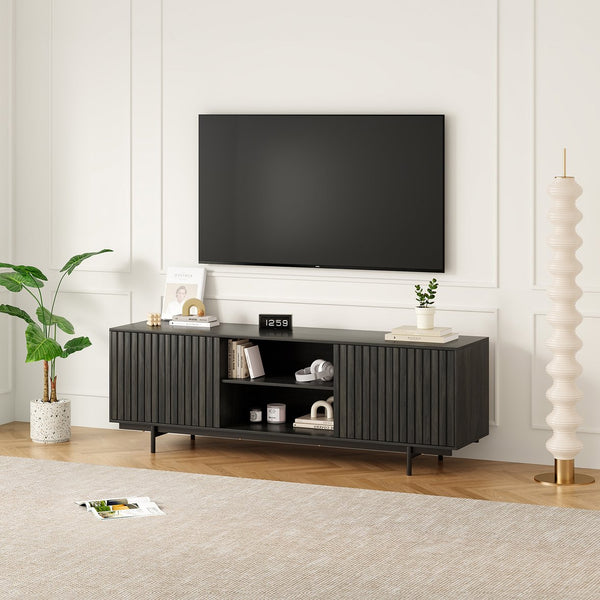 English Elm Modern Low Profile Media Console with Open Shelving and Concealed Cabinet Storage Black T3623P434816