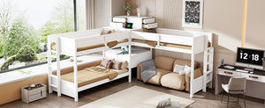English Elm Twin L-shaped Bunk Bed Pine Wood Corner Design with Desk Drawers and Usb Charging White N820S00079K