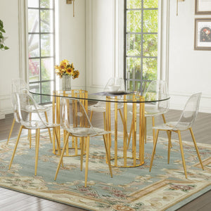 English Elm Table and Chair Set Oval Tempered Glass Top Gold Base with 6 Acrylic Seats W1151S04730