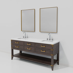 English Elm Brown Oak Double Bath Vanity Set With White Quartz Top, Faucets & Mirrors – Elegant Storage Solution B2731S01897