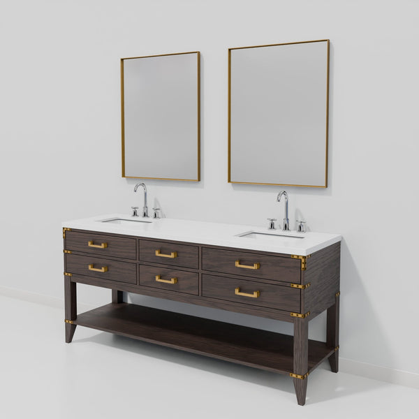 English Elm Brown Oak Double Bath Vanity Set With White Quartz Top, Faucets & Mirrors – Elegant Storage Solution B2731S01897