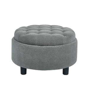 English Elm 25 Inch Round Fabric Pouf Ottoman with Removable Wooden Lid and Hidden Interior Storage Light Grey W5568P461344