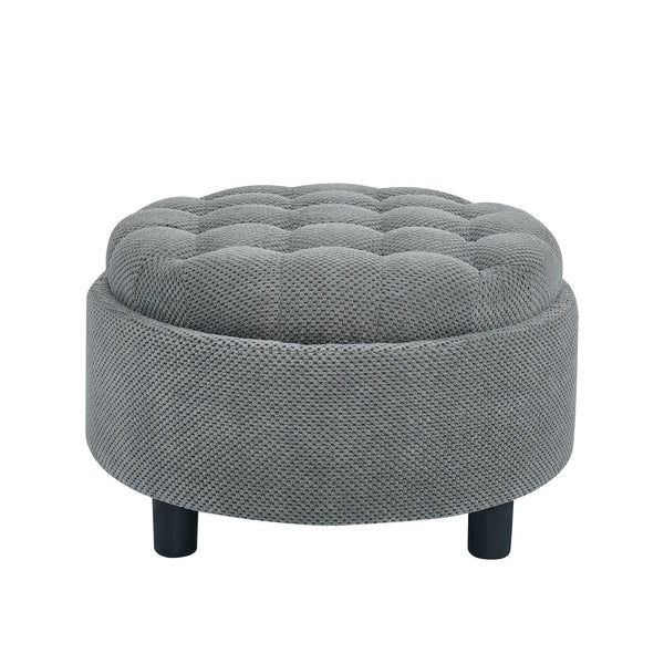 English Elm 25 Inch Round Fabric Pouf Ottoman with Removable Wooden Lid and Hidden Interior Storage Light Grey W5568P461344