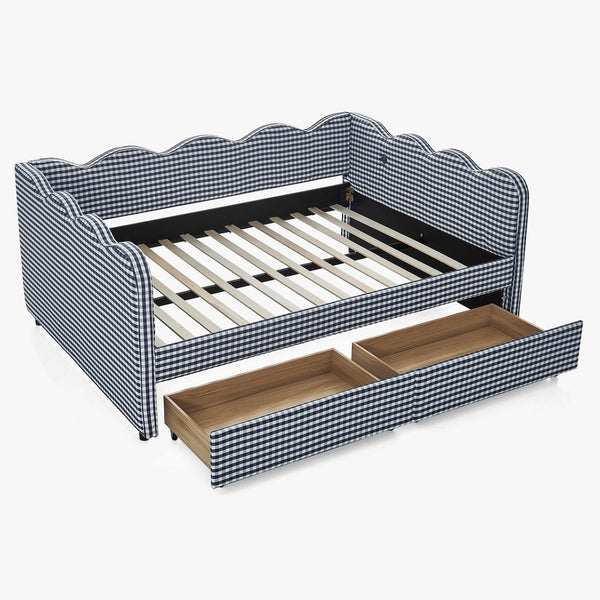English Elm Full Size Gingham Linen Daybed with Wave Backrest Trundle and Usb Charging Port Navy Blue W1413S00148