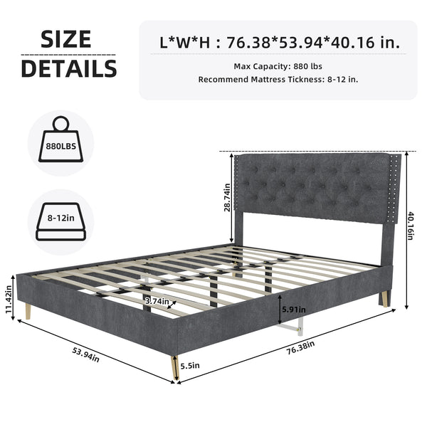 English Elm Suede Tufted Platform Bed Full Size Upholstered Headboard for Restful Bedroom Retreat Grey W1935P360997