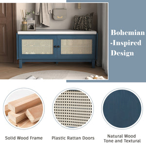 English Elm Trexm Bohemian Rattan Storage Bench Cushioned Seat Shoe Cabinet for Entryway Antique Navy,Beige N715P308012M