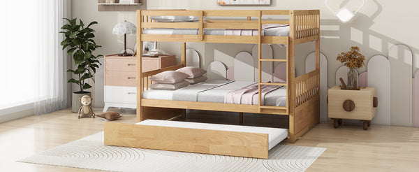 English Elm Full Over Full Rustic Bunk Bed With Trundle, Ladder, Guardrails - Versatile Space-Saver In White Oak W504S00180