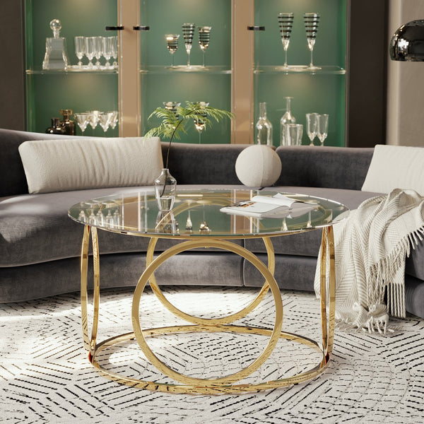 English Elm 31.50'' Round Chrome Ring Glass Coffee Table Two Tier Smoked Tempered Top Modern Living Room W757P412798