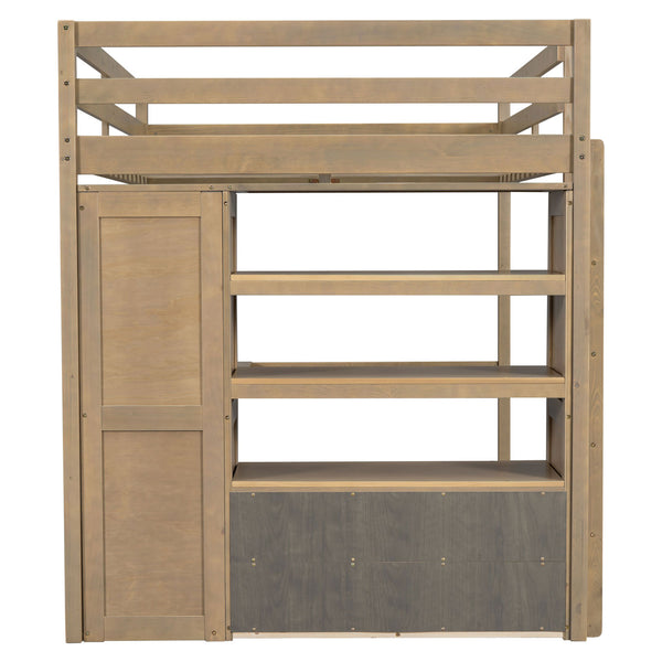 English Elm Wood Full Loft Bed with Integrated Wardrobe Desk Shelving and Drawers for Teen Rooms Walnut GX000466AAD-1