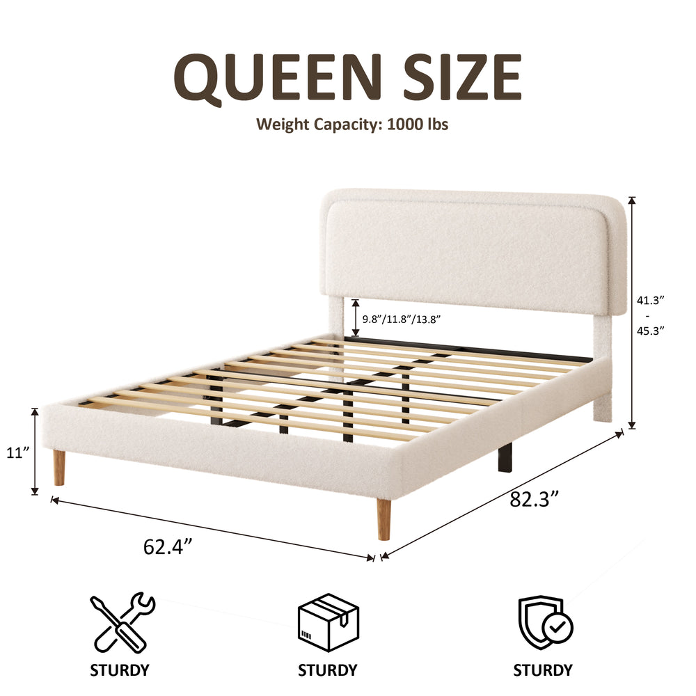 English Elm Queen Velvet Tufted Platform Bed Adjustable Headboard Steel Frame No Box Spring Beige W5239P502751