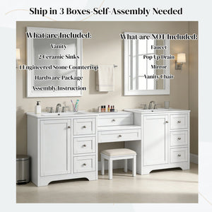 English Elm 84" Double Sink Vanity with Stone Countertop Six Soft Close Drawers and Silver Knobs White N817P404196W