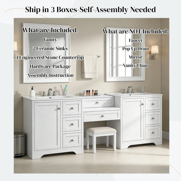 English Elm 84" Double Sink Vanity with Stone Countertop Six Soft Close Drawers and Silver Knobs White N817P404196W