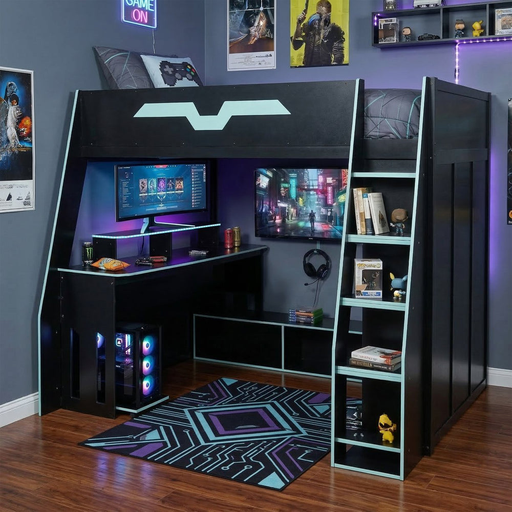 English Elm Full Size Wood Loft Bed with Rgb Lighting Desk and Multi-tier Shelves for Gaming Blue LT000374AAC