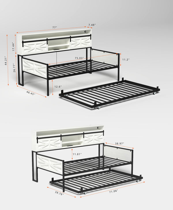 English Elm Twin Farmhouse Daybed with Trundle, Glossy White Sliding Barn Door Headboard, LED App Lighting & Charging Station W2129P369353