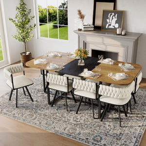 English Elm 9-piece Square Dining Set Velvet Upholstered Chairs Two-tone Tabletop Seats 8 Beige,Black,Wood W3875S00141