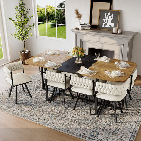 English Elm 9-piece Square Dining Set Velvet Upholstered Chairs Two-tone Tabletop Seats 8 Beige,Black,Wood W3875S00141