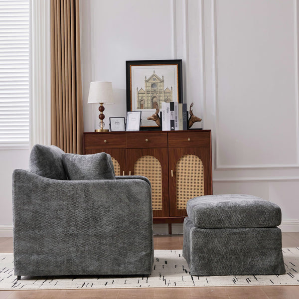 English Elm 43.9" Wide Chenille Accent Chair with Ottoman Bolster Pillows Farmhouse Living Room Set Charcoal W3098S00045