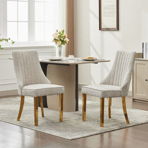 English Elm Rayon High Back Dining Chair Set with Plush Flocking Upholstery, Golden Stainless Legs, Comfort-Focused Design Beige W1143P293313