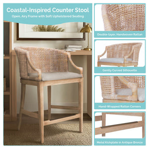 JLA Home Martha Stewart - Handcrafted Rattan & Wood Counter Stool with Curved Back, Upholstered Seat, Footrest, 25" H MT104-0169
