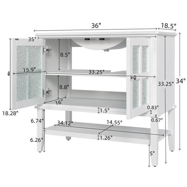English Elm Christopher Knight Home® - 36" Bathroom Vanity with Ceramic Sink, Solid Wood Legs, Waterproof Finish, Soft-Close Hinges, Open Shelf, Silver Knobs White N817P286249W