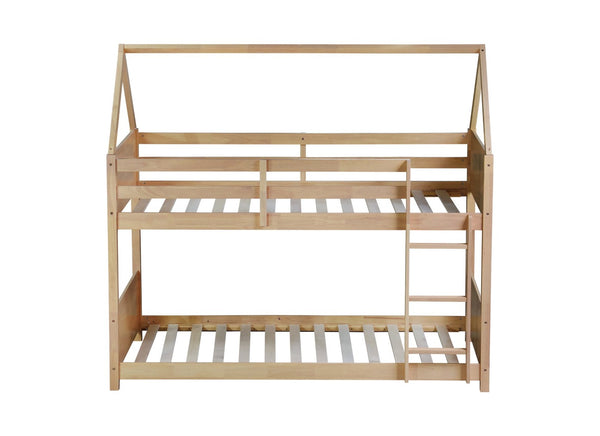 English Elm Twin House Floor Bunk Bed – Charming Rubberwood Design With Safety Guardrails, Ladder & White Oak Finish W504P227973-GIGA