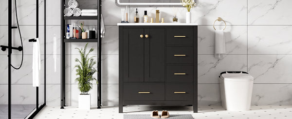 English Elm 30'' Elegant Freestanding Bathroom Vanity With Ceramic Sink, Soft-Close Drawers & Timeless Black Finish N710P194420B