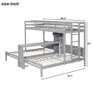 English Elm Twin Triple Bunk Bed with Built in Desk Open Shelving and Led Task Lighting Gray N7090002243E