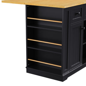 English Elm K&k 53 Inch Rolling Kitchen Island with Drop Leaf Power Outlet and Open Storage Racks Black N707S185531B