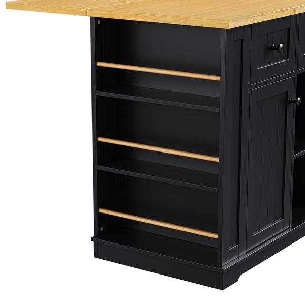 English Elm K&k 53 Inch Rolling Kitchen Island with Drop Leaf Power Outlet and Open Storage Racks Black N707S185531B
