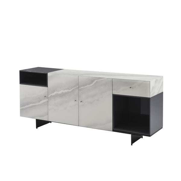 English Elm Olivia Marble Effect Glass Sideboard with Matte Black Open Shelving for Dining Rooms B2736S00027