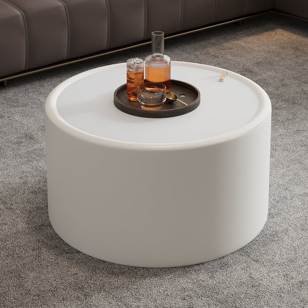 English Elm Black Round Coffee Table Pu Leather Cylindrical Base Tempered Glass Top Hidden Storage Cream White W3081P442381