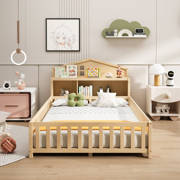 English Elm Full-size Montessori Floor Bed with Built-In Bookcase and Chalkboard, Space-Saving Solid Wood Platform for Kids Natural 56.3 L x 17.32 W x 5.31 H W1716S00014
