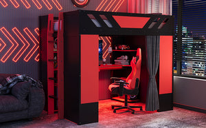 English Elm Full Size Loft Bed with Desk Blackout Curtains Rgb Lighting and Integrated Storage Black+Red LT000377AAJ