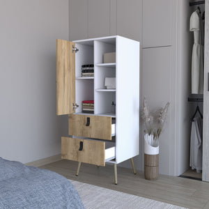 English Elm Kimball Modern Tall Dresser in White Macadamia Finish — Space-Saving 2-Drawer Storage with Shelves B128P176104