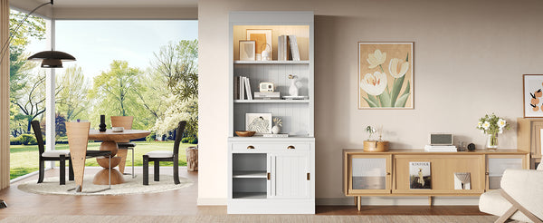 English Elm 83.4"Tall White Bookshelf Suite With Led Lighting, Sliding Doors & Drawers For Stylish Storage Solutions N751S059620K