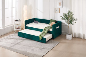 English Elm Twin Velvet Upholstered Daybed with Trundle, V-Pattern Backrest, USB Port, Side Pockets, Sturdy Design Emerald W1361S00043