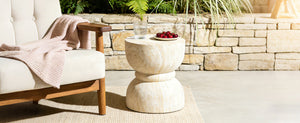 English Elm U_style Hourglass Mgo Concrete Outdoor Accent Table Sculptural Stone Texture Patio Decor Beige,Yellow N711P422067M