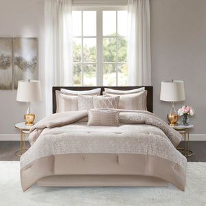 English Elm 7 Piece Chenille Jacquard Comforter Set Taupe Queen with Quilted Texture, Decorative Pillows & Bedskirt B03597089