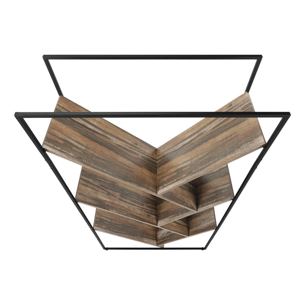 English Elm Bookshelf, 5-Tier Slanted Etagere with V-Shaped Open Shelves, Slim Black Metal Frame, 60" H Brown 39 L x 13 W x 7 H B2710P218982