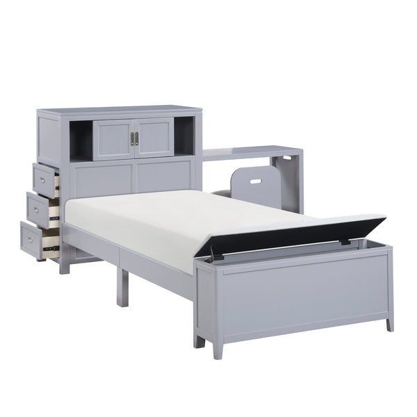 English Elm Gray Twin Platform Bed with Bookcase Headboard Hidden Desk Stool and Footboard Bench Gray B011S02323