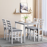 English Elm 5 Piece s Stylish Dining Table Set 4 Upholstered Chairs With Ladder Back Design For Dining Room Kitchen Gray Cushion White