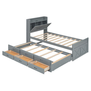 English Elm Twin Storage Bed with Headboard Outlets, Extendable Trundle & 3 Drawers, Durable MDF/Plywood Design Gray 45.5 L x 21.5 W x 8 H N733S172839E