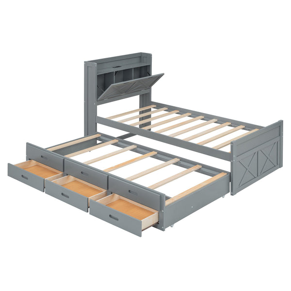 English Elm Twin Storage Bed with Headboard Outlets, Extendable Trundle & 3 Drawers, Durable MDF/Plywood Design Gray 45.5 L x 21.5 W x 8 H N733S172839E
