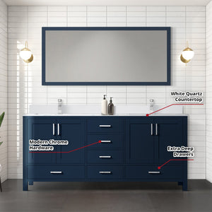 English Elm Navy Double Bath Vanity 72" W x 22" D with White Quartz Top, Chrome Faucet, Large Mirror, Durable Finish B2731S01005