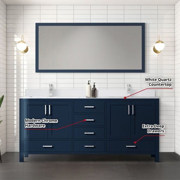 English Elm Navy Double Bath Vanity 72" W x 22" D with White Quartz Top, Chrome Faucet, Large Mirror, Durable Finish B2731S01005
