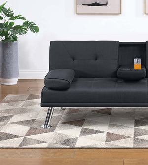 English Elm Living Convertible Faux Leather Sofa with Tufted Upholstery, Fold-Down Table and Cup Holders, Metal Legs Black 39 L x 8 W x 67 H B011P381499