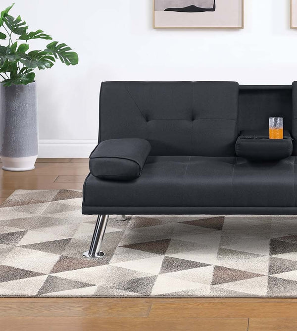 English Elm Living Convertible Faux Leather Sofa with Tufted Upholstery, Fold-Down Table and Cup Holders, Metal Legs Black 39 L x 8 W x 67 H B011P381499