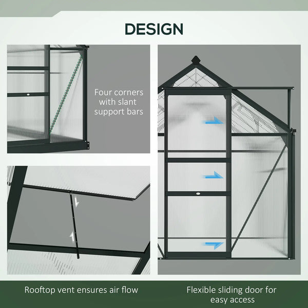 English Elm 6.2'x8.3'x6.6' Walk-in Aluminum Polycarbonate Greenhouse with Vent and Rain Gutters T3971S00062