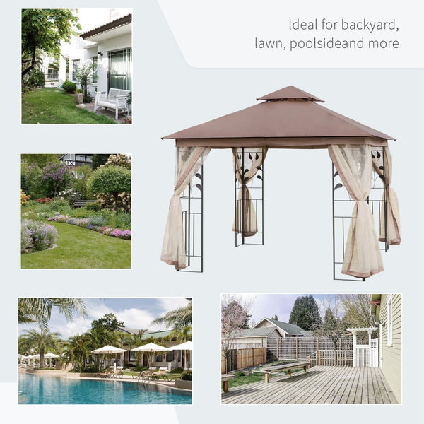 English Elm Outsunny 10' X 10' Elegant Metal Patio Gazebo With Double Roof, Decorative Corners, And Netting For Outdoor Fun W2225P175529-GIGA