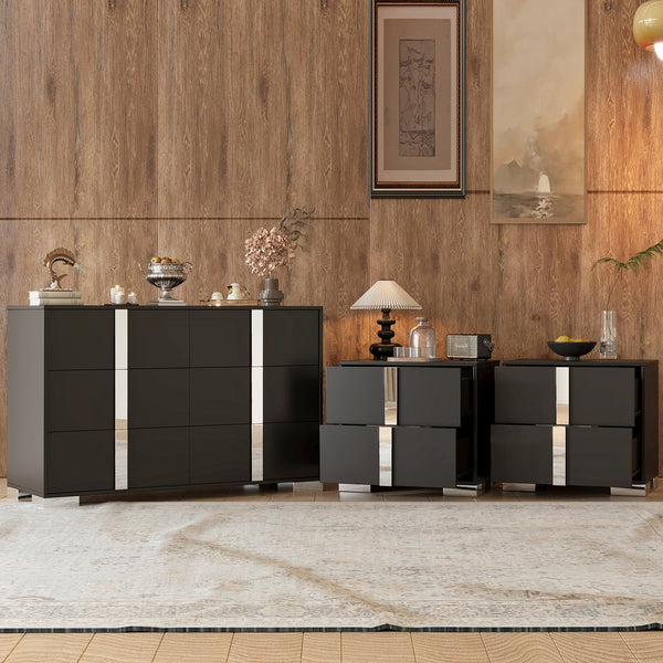 English Elm 3-Pieces Mirrored 6-Drawer Dresser and Two Nightstands with Sleek Metal Legs for Modern Living Black 54.25 L x 20.75 W x 8.5 H N733S307938B